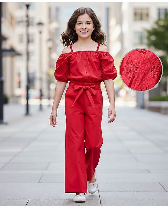 Pine Kids Cotton Woven Half Cold Shoulder Sleeves Solid Top & Palazzo Co-Ord Set With Belt - Red