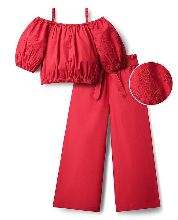Pine Kids Cotton Woven Half Cold Shoulder Sleeves Solid Top & Palazzo Co-Ord Set With Belt - Red