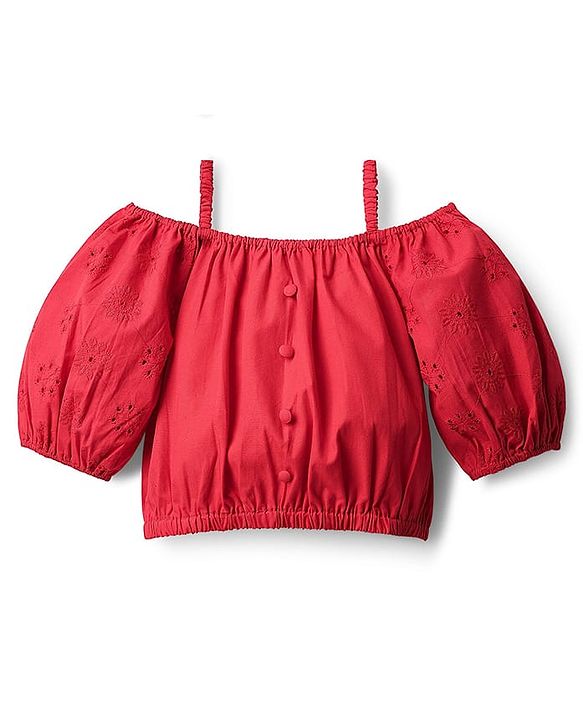 Pine Kids Cotton Woven Half Cold Shoulder Sleeves Solid Top & Palazzo Co-Ord Set With Belt - Red