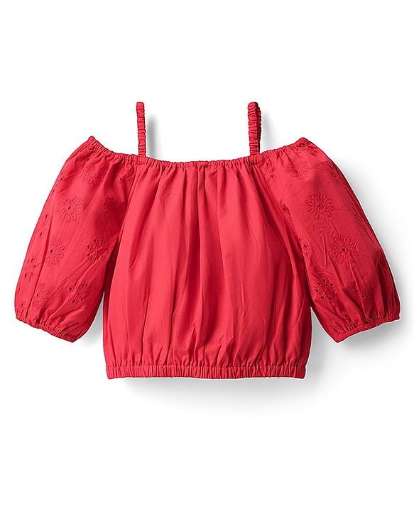 Pine Kids Cotton Woven Half Cold Shoulder Sleeves Solid Top & Palazzo Co-Ord Set With Belt - Red