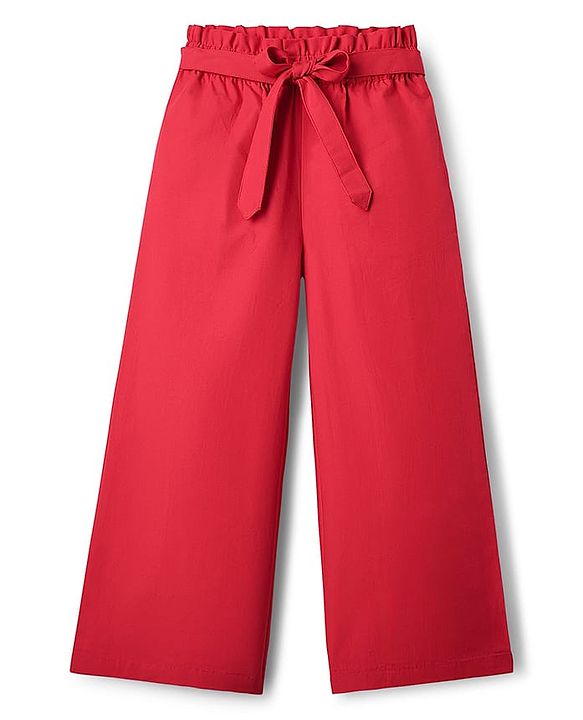 Pine Kids Cotton Woven Half Cold Shoulder Sleeves Solid Top & Palazzo Co-Ord Set With Belt - Red