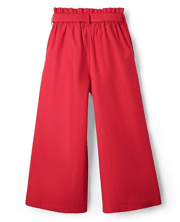 Pine Kids Cotton Woven Half Cold Shoulder Sleeves Solid Top & Palazzo Co-Ord Set With Belt - Red