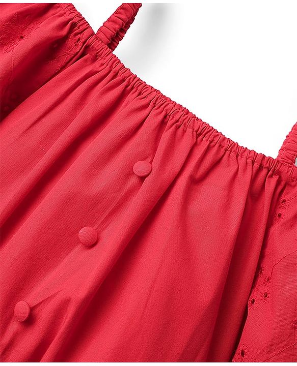 Pine Kids Cotton Woven Half Cold Shoulder Sleeves Solid Top & Palazzo Co-Ord Set With Belt - Red