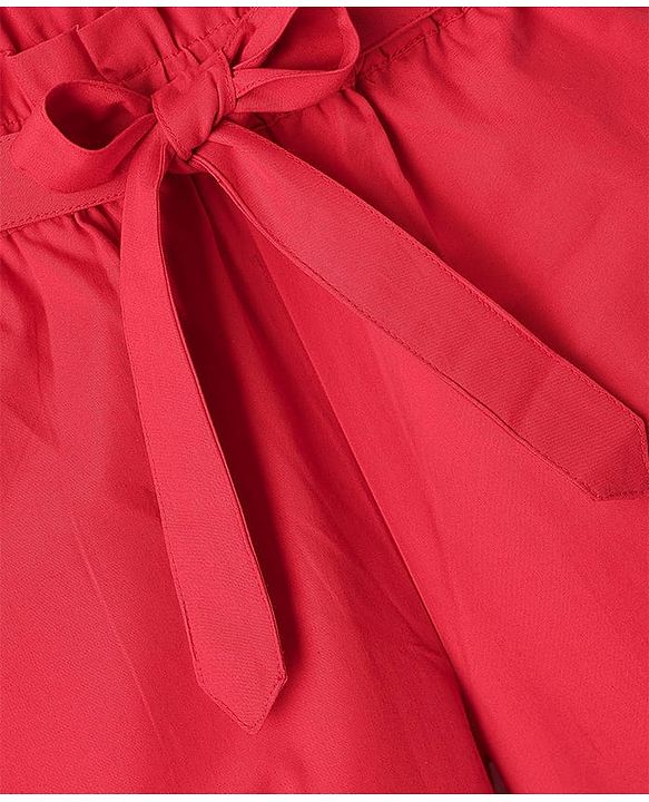 Pine Kids Cotton Woven Half Cold Shoulder Sleeves Solid Top & Palazzo Co-Ord Set With Belt - Red