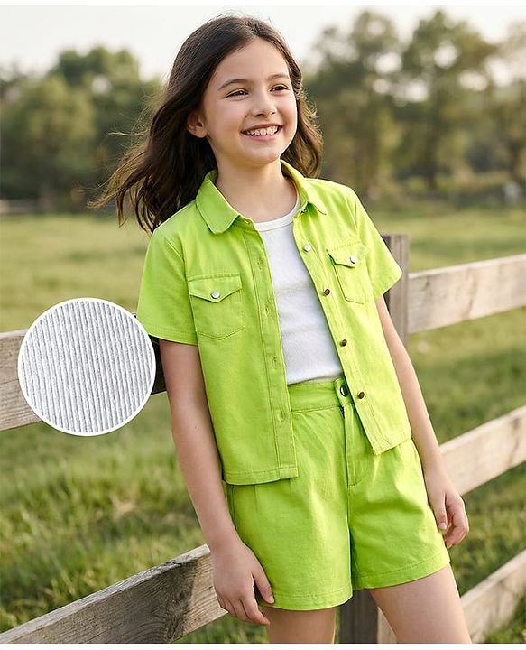 Pine Kids Viscose Rayon Woven Half Sleeves Solid Shirt & Shorts Co-Ord Set With Inner Top - Lime Green