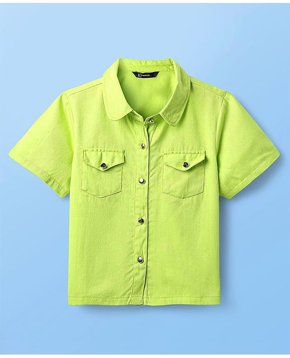 Pine Kids Viscose Rayon Woven Half Sleeves Solid Shirt & Shorts Co-Ord Set With Inner Top - Lime Green