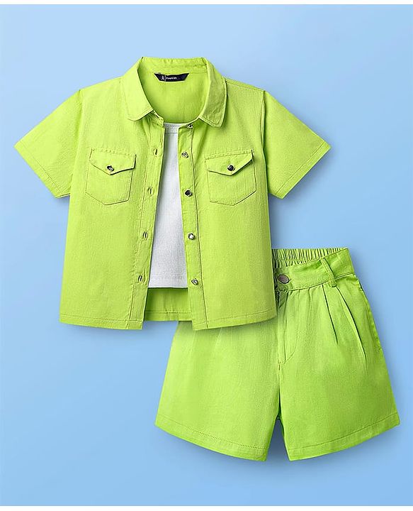 Pine Kids Viscose Rayon Woven Half Sleeves Solid Shirt & Shorts Co-Ord Set With Inner Top - Lime Green
