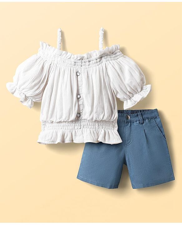 Pine Kids Viscose Rayon Woven Cold Shoulder Top & Shorts Set With Textured Design - White & Blue