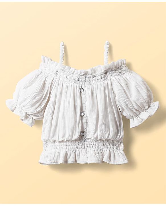 Pine Kids Viscose Rayon Woven Cold Shoulder Top & Shorts Set With Textured Design - White & Blue