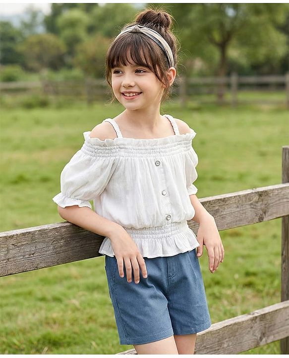 Pine Kids Viscose Rayon Woven Cold Shoulder Top & Shorts Set With Textured Design - White & Blue
