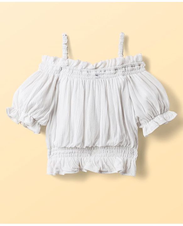 Pine Kids Viscose Rayon Woven Cold Shoulder Top & Shorts Set With Textured Design - White & Blue
