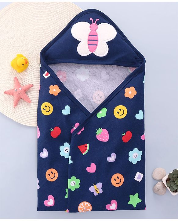 Babyhug Cotton Terry Knit Hooded Bath Towel with Butterfly & Fruits Print L 76 x B 76 cm - Navy Blue