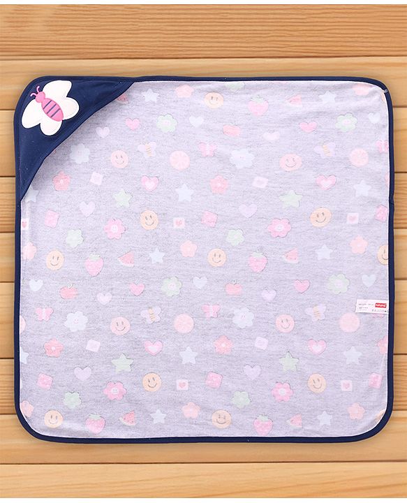 Babyhug Cotton Terry Knit Hooded Bath Towel with Butterfly & Fruits Print L 76 x B 76 cm - Navy Blue