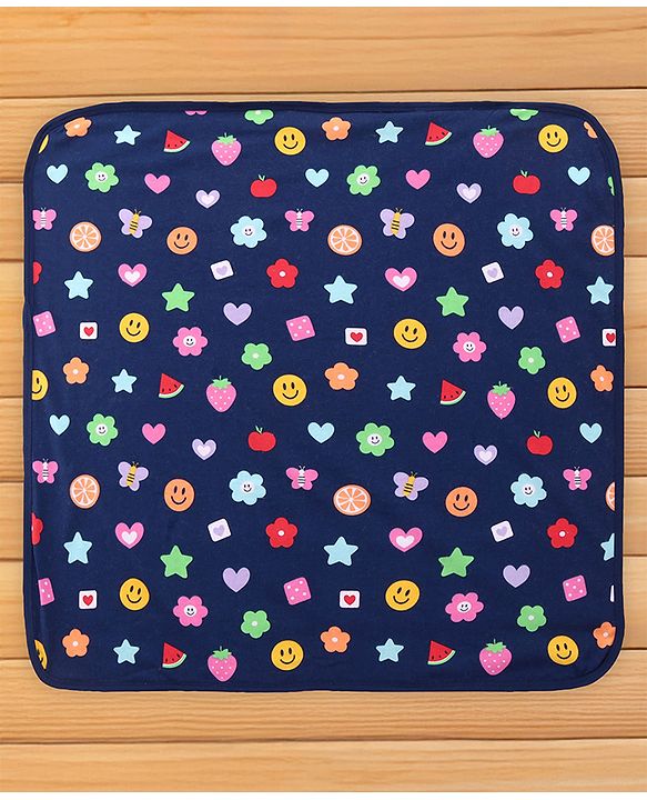 Babyhug Cotton Terry Knit Hooded Bath Towel with Butterfly & Fruits Print L 76 x B 76 cm - Navy Blue