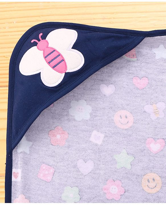 Babyhug Cotton Terry Knit Hooded Bath Towel with Butterfly & Fruits Print L 76 x B 76 cm - Navy Blue