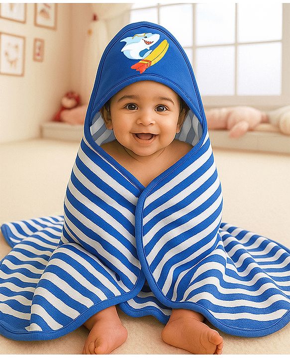 Babyhug Terry Knit Hooded Towel With Shark Patch L 76.2 x B 76.2 cm - Blue
