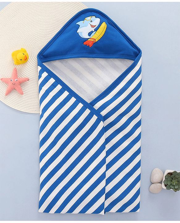 Babyhug Terry Knit Hooded Towel With Shark Patch L 76.2 x B 76.2 cm - Blue
