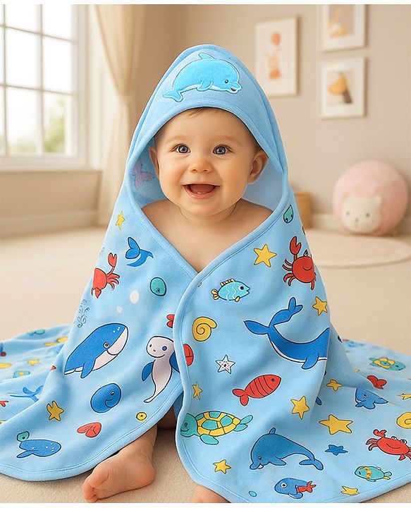 Babyhug Cotton Terry Knit Hooded Bath Towel with Sea Life Print L 76 x B 76 cm - Light Blue