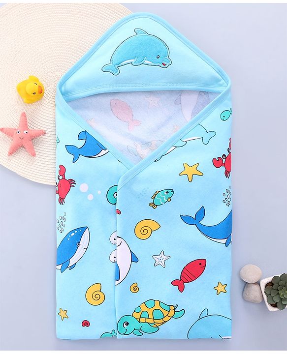 Babyhug Cotton Terry Knit Hooded Bath Towel with Sea Life Print L 76 x B 76 cm - Light Blue