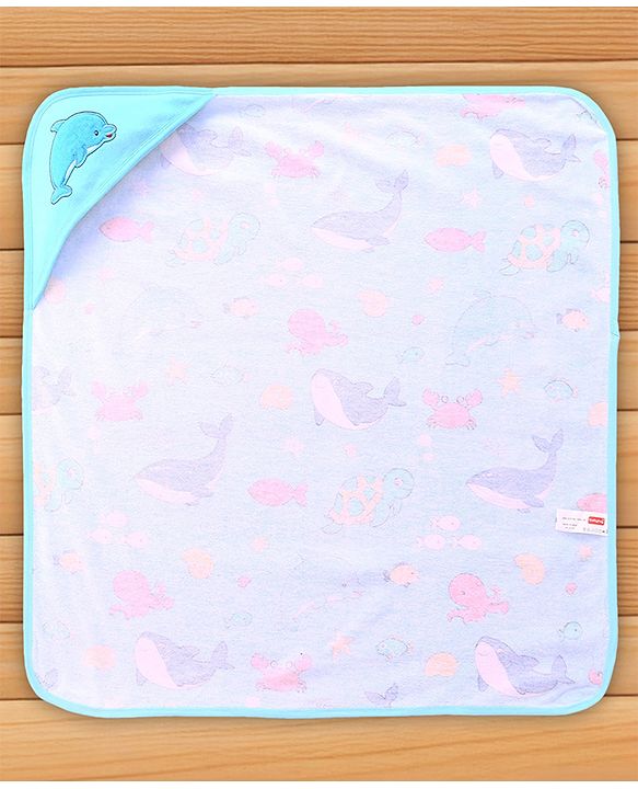 Babyhug Cotton Terry Knit Hooded Bath Towel with Sea Life Print L 76 x B 76 cm - Light Blue