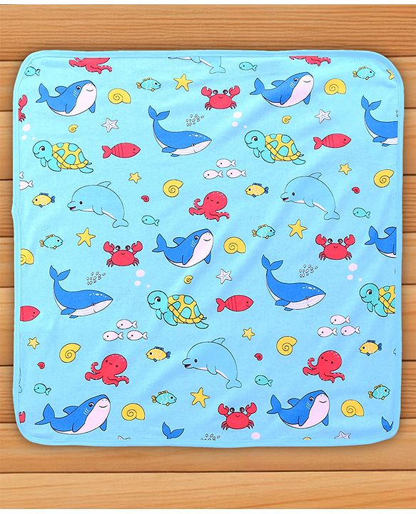 Babyhug Cotton Terry Knit Hooded Bath Towel with Sea Life Print L 76 x B 76 cm - Light Blue