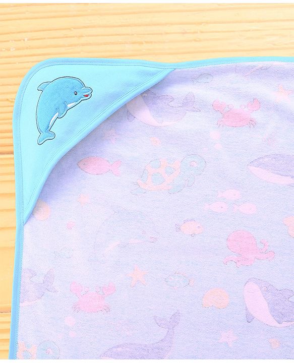 Babyhug Cotton Terry Knit Hooded Bath Towel with Sea Life Print L 76 x B 76 cm - Light Blue