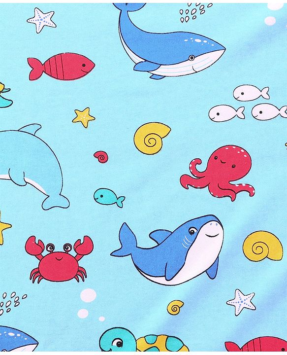 Babyhug Cotton Terry Knit Hooded Bath Towel with Sea Life Print L 76 x B 76 cm - Light Blue