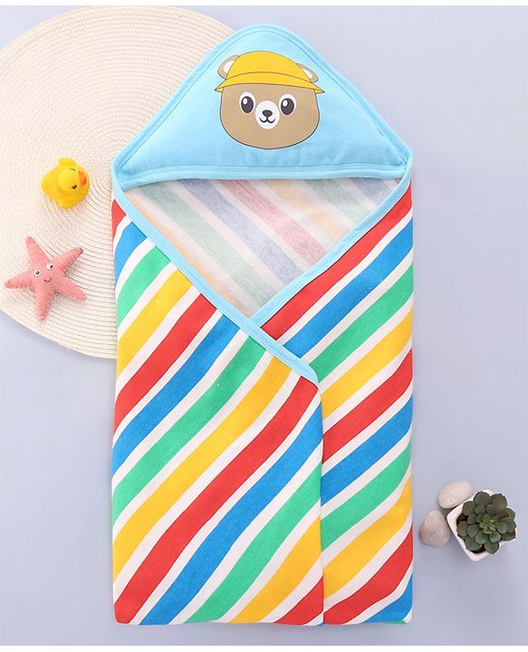 Babyhug Cotton Terry Knit Hooded Bath Towel with Stripe Design & Bear Print L 76 x B 76 cm - Multicolor