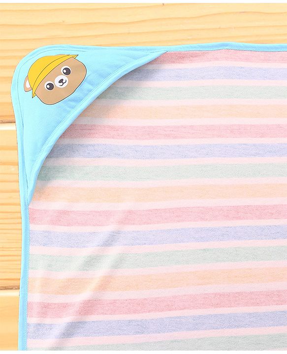 Babyhug Cotton Terry Knit Hooded Bath Towel with Stripe Design & Bear Print L 76 x B 76 cm - Multicolor