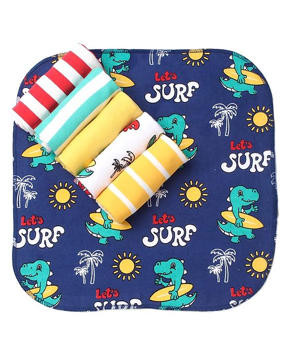 Babyhug Knit Terry Wash Cloths With Stripes & Dino Print Pack of 6 L 25.4 x B 25.4 cm - Navy Blue & Yellow