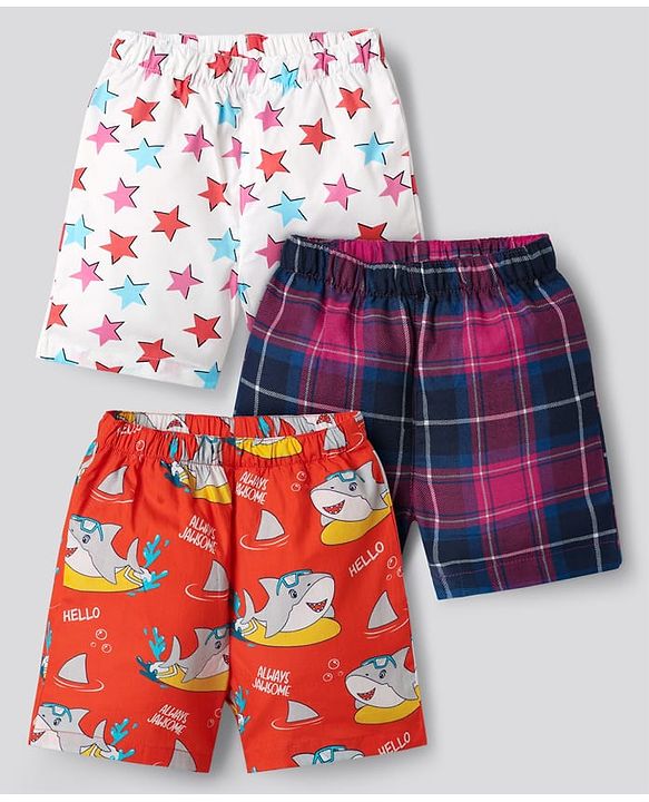 Babyhug Cotton Woven Above Knee Length Boxers with Checks & Shark Print Pack of 3 - White & Orange