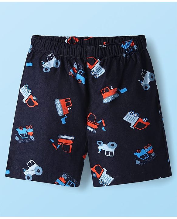 Babyhug Cotton Woven Boxers With Dino & Vehicle Print Pack Of 3 - Navy Blue Royal Blue & White