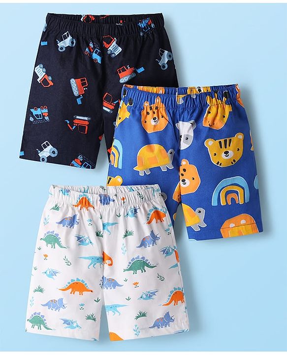 Babyhug Cotton Woven Boxers With Dino & Vehicle Print Pack Of 3 - Navy Blue Royal Blue & White