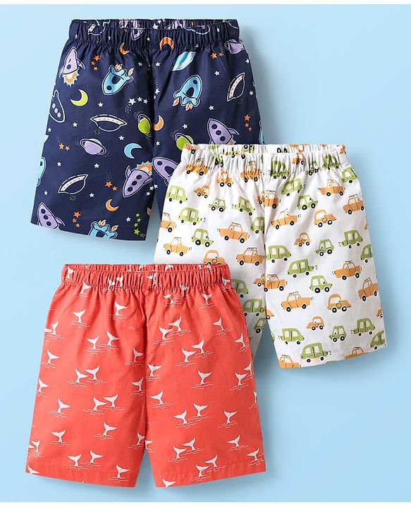 Babyhug Cotton Woven Boxers With Vehicle & Space Theme Print Pack Of 3 - Red Navy Blue & White
