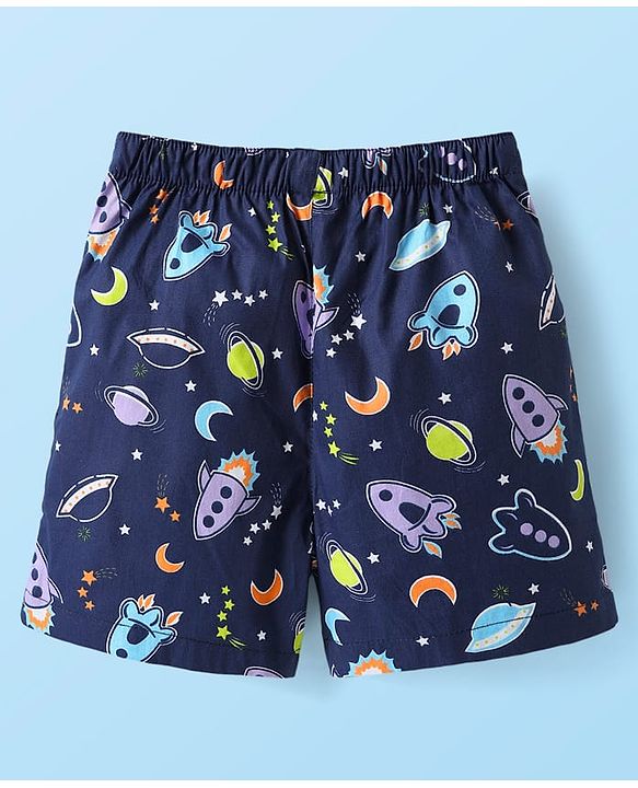 Babyhug Cotton Woven Boxers With Vehicle & Space Theme Print Pack Of 3 - Red Navy Blue & White