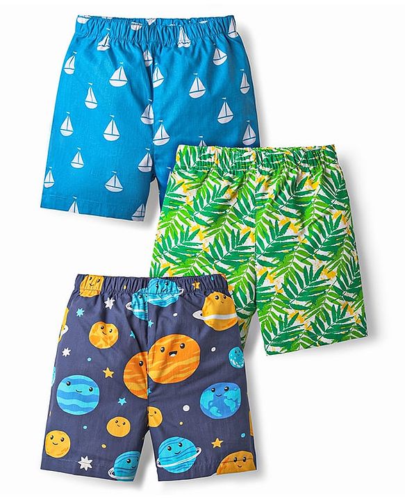 Babyhug Cotton Woven Above Knee Length Boxer With Tropical Nautical & Solar System Print Pack Of 3 - Blue Green & Navy Blue