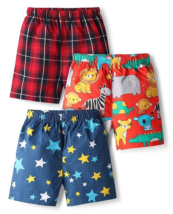 Babyhug Cotton Woven Above Knee Length Boxers with Checked Animal & Star Print Pack of 3 - Red & Blue