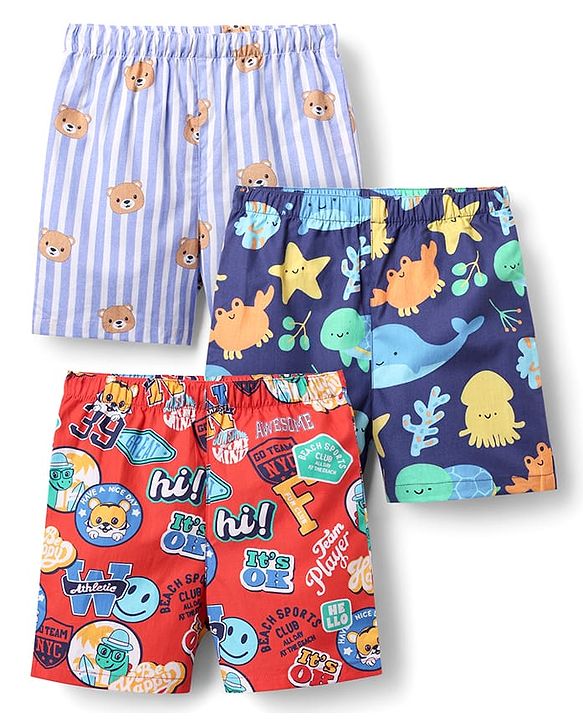Babyhug Cotton Woven Above Knee Length Boxers with Animal Print Pack of 3 - Navy Blue Light Blue & Red