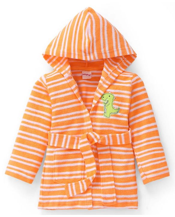 Babyhug Terry Cotton Knit Full Sleeves Bathrobe with Hood Striped Design & Dino Embroidery - Orange