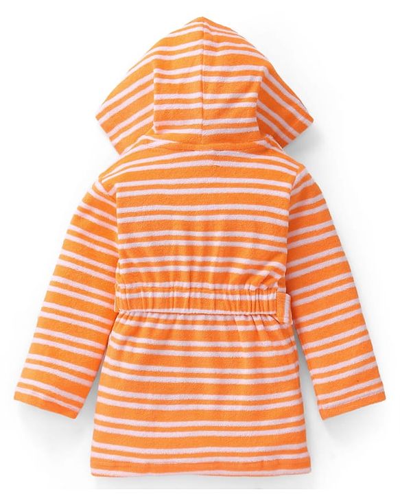 Babyhug Terry Cotton Knit Full Sleeves Bathrobe with Hood Striped Design & Dino Embroidery - Orange