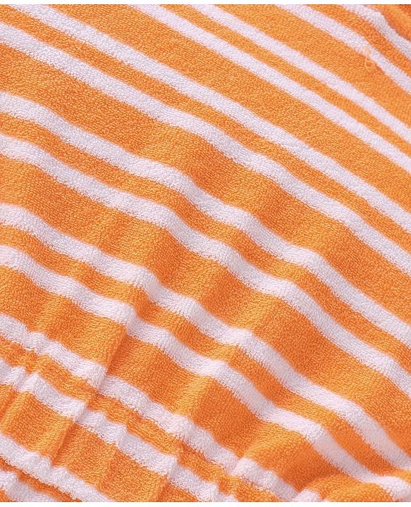 Babyhug Terry Cotton Knit Full Sleeves Bathrobe with Hood Striped Design & Dino Embroidery - Orange