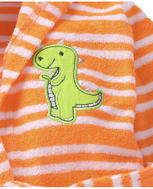 Babyhug Terry Cotton Knit Full Sleeves Bathrobe with Hood Striped Design & Dino Embroidery - Orange