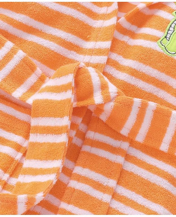 Babyhug Terry Cotton Knit Full Sleeves Bathrobe with Hood Striped Design & Dino Embroidery - Orange