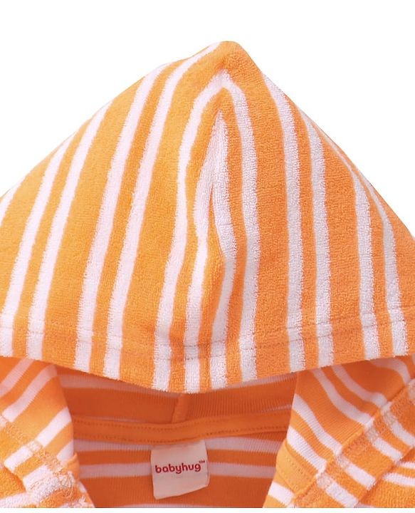 Babyhug Terry Cotton Knit Full Sleeves Bathrobe with Hood Striped Design & Dino Embroidery - Orange