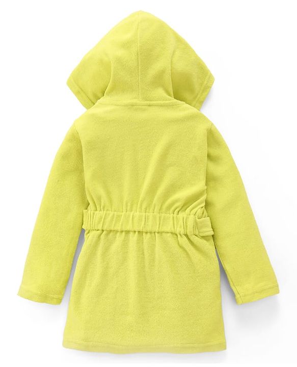 Babyhug Terry Knit Full Sleeves Hooded Bathrobe with Bear Embroidery - Neon Green