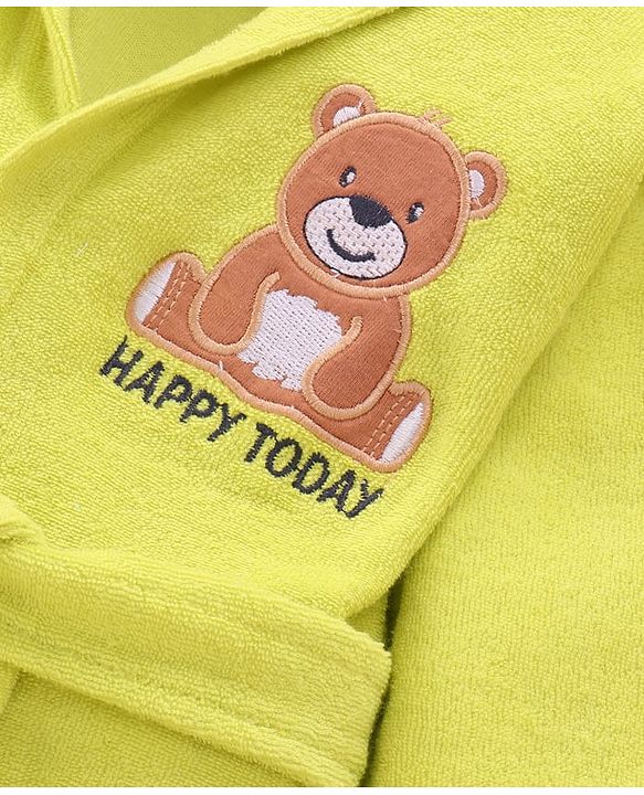Babyhug Terry Knit Full Sleeves Hooded Bathrobe with Bear Embroidery - Neon Green