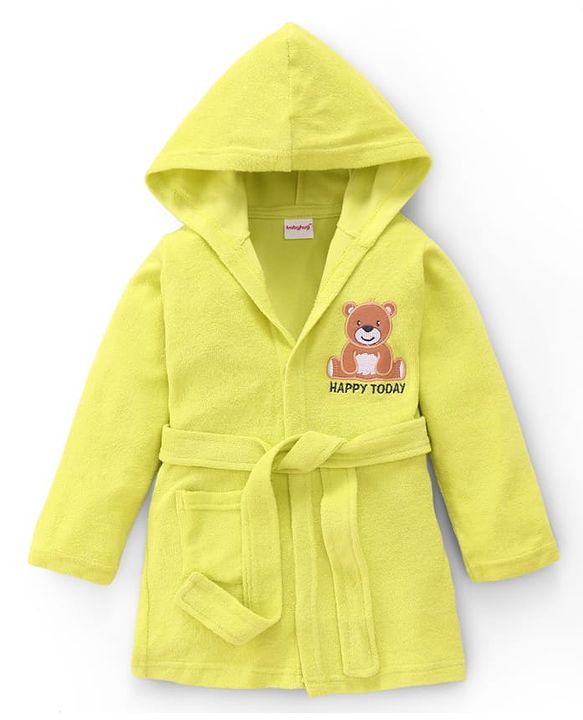 Babyhug Terry Knit Full Sleeves Hooded Bathrobe with Bear Embroidery - Neon Green