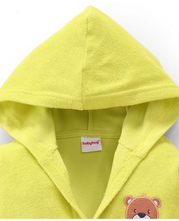 Babyhug Terry Knit Full Sleeves Hooded Bathrobe with Bear Embroidery - Neon Green