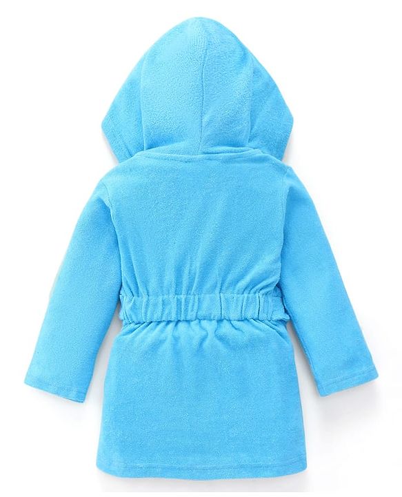 Babyhug Terry Cotton Knit Full Sleeves Bathrobe with Hood & Best Player In Town Embroidery - Light Blue
