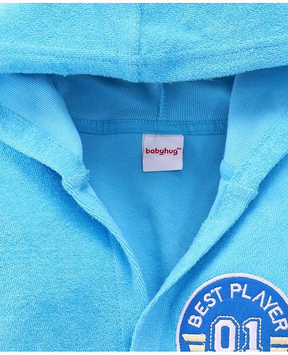 Babyhug Terry Cotton Knit Full Sleeves Bathrobe with Hood & Best Player In Town Embroidery - Light Blue